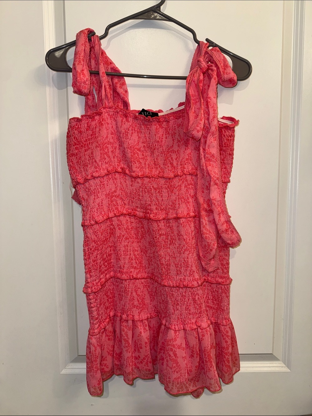 Vici Coral Pink Smocked Tiered Dress with Tie Straps